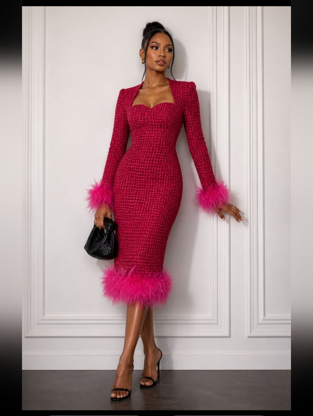 Cheri tweeded Dress Hot Pink Feather Trim Long Sleeve Party Cocktail Dress